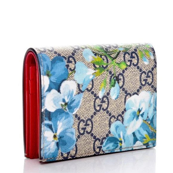 GUCCI Blooms GG Supreme Beige Blue Canvas Rose Red Leather Card Case Wallet  NEW